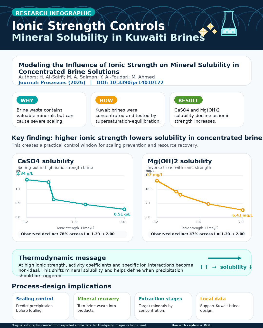 Infographic showing how increasing ionic strength lowers calcium sulfate and magnesium hydroxide solubility in concentrated Kuwaiti brine.